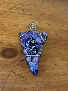 Dichroic Art Glass Pendant Blue Purple Iridescent Wire Wrapped Artisan Statement